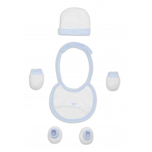 SET REGALO 4 PCS 100% ALGT 0-6 M(GORRO-PEUCOS-MANOPLAS-BABERO) AZUL