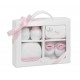 SET REGALO 4 PCS 100% ALGT 0-6 M(GORRO-PEUCOS-MANOPLAS-BABERO) ROSA