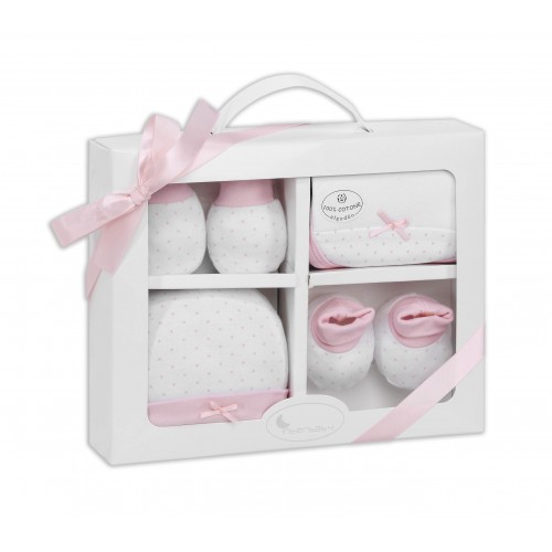 SET REGALO 4 PCS 100% ALGT 0-6 M(GORRO-PEUCOS-MANOPLAS-BABERO) ROSA