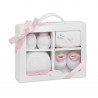 SET REGALO 4 PCS 100% ALGT 0-6 M(GORRO-PEUCOS-MANOPLAS-BABERO) ROSA