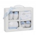 SET REGALO 4 PCS 100% ALGT 0-6 M(GORRO-PEUCOS-MANOPLAS-BABERO) AZUL