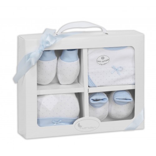 SET REGALO 4 PCS 100% ALGT 0-6 M(GORRO-PEUCOS-MANOPLAS-BABERO) AZUL