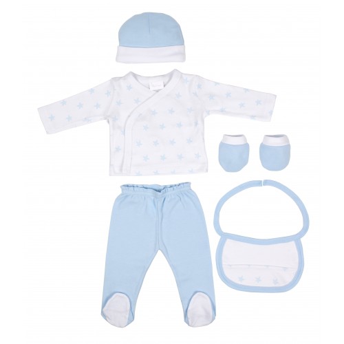 SET REGALO 5 PCS 100% ALG T 0-6 M (GORRO-MANOPLA-POLAINAS-BODY-BABERO) AZUL