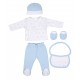 SET REGALO 5 PCS 100% ALG T 0-6 M (GORRO-MANOPLA-POLAINAS-BODY-BABERO) AZUL