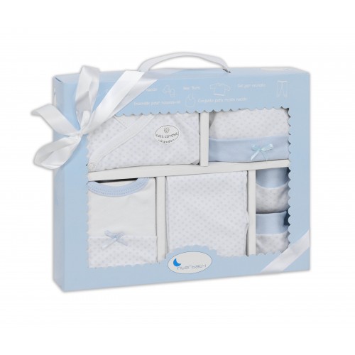 SET REGALO 5 PCS 100% ALG T 0-6 M (GORRO-MANOPLA-POLAINAS-BODY-BABERO) AZUL