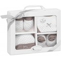 SET REGALO 4 PCS 100% ALGT 0-6 M(GORRO-PEUCOS-MANOPLAS-BABERO) BEIG