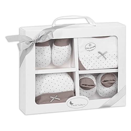 SET REGALO 4 PCS 100% ALGT 0-6 M(GORRO-PEUCOS-MANOPLAS-BABERO) BEIG
