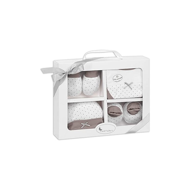 SET REGALO 4 PCS 100% ALGT 0-6 M(GORRO-PEUCOS-MANOPLAS-BABERO) BEIG