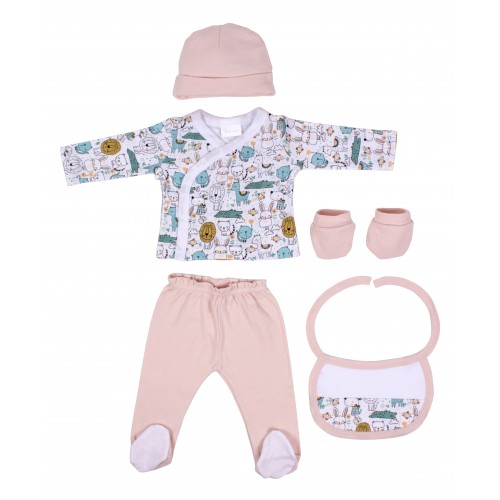 SET REGALO 5 PCS 100% ALG T 0-6 M (GORRO-MANOPLA-POLAINAS-BODY-BABERO) ROSA