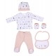 SET REGALO 5 PCS 100% ALG T 0-6 M (GORRO-MANOPLA-POLAINAS-BODY-BABERO) ROSA