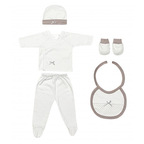 SET REGALO 5 PCS 100% ALG T 0-6 M (GORRO-MANOPLA-POLAINAS-BODY-BABERO) BEIG