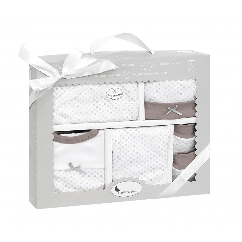 SET REGALO 5 PCS 100% ALG T 0-6 M (GORRO-MANOPLA-POLAINAS-BODY-BABERO) BEIG