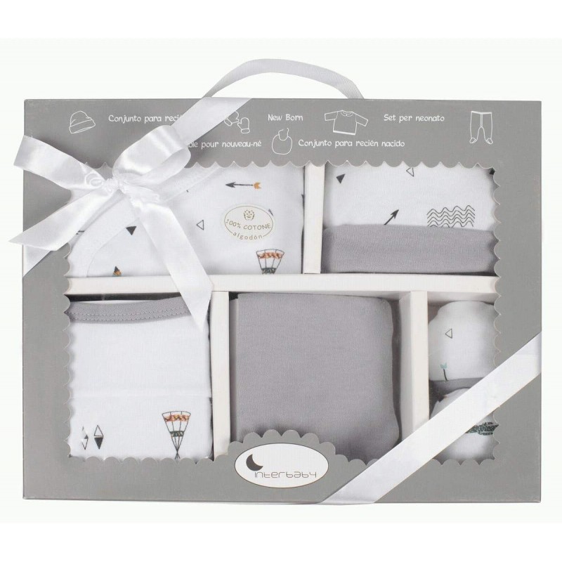 SET REGALO 5 PCS 100% ALGT 0-6 MOD INDIO GRIS